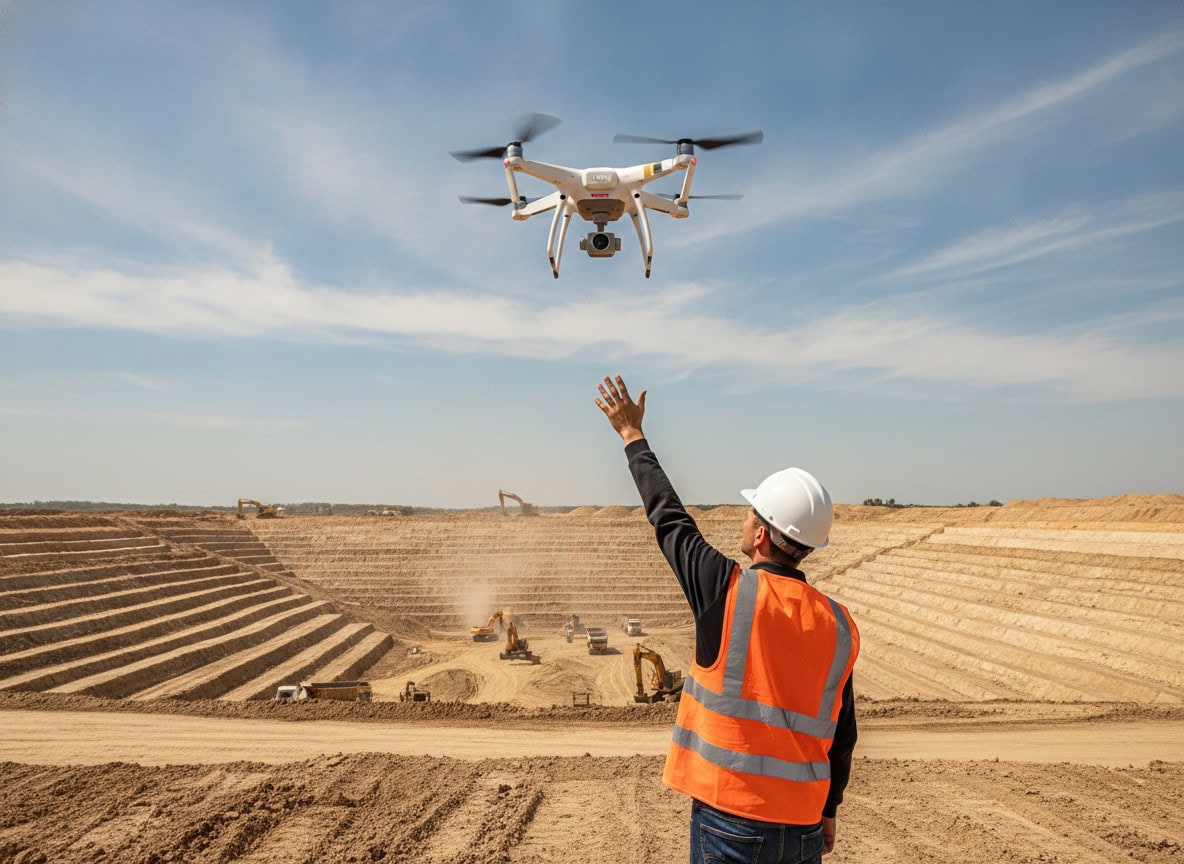 Surveyor launching survey drone over earthwork site