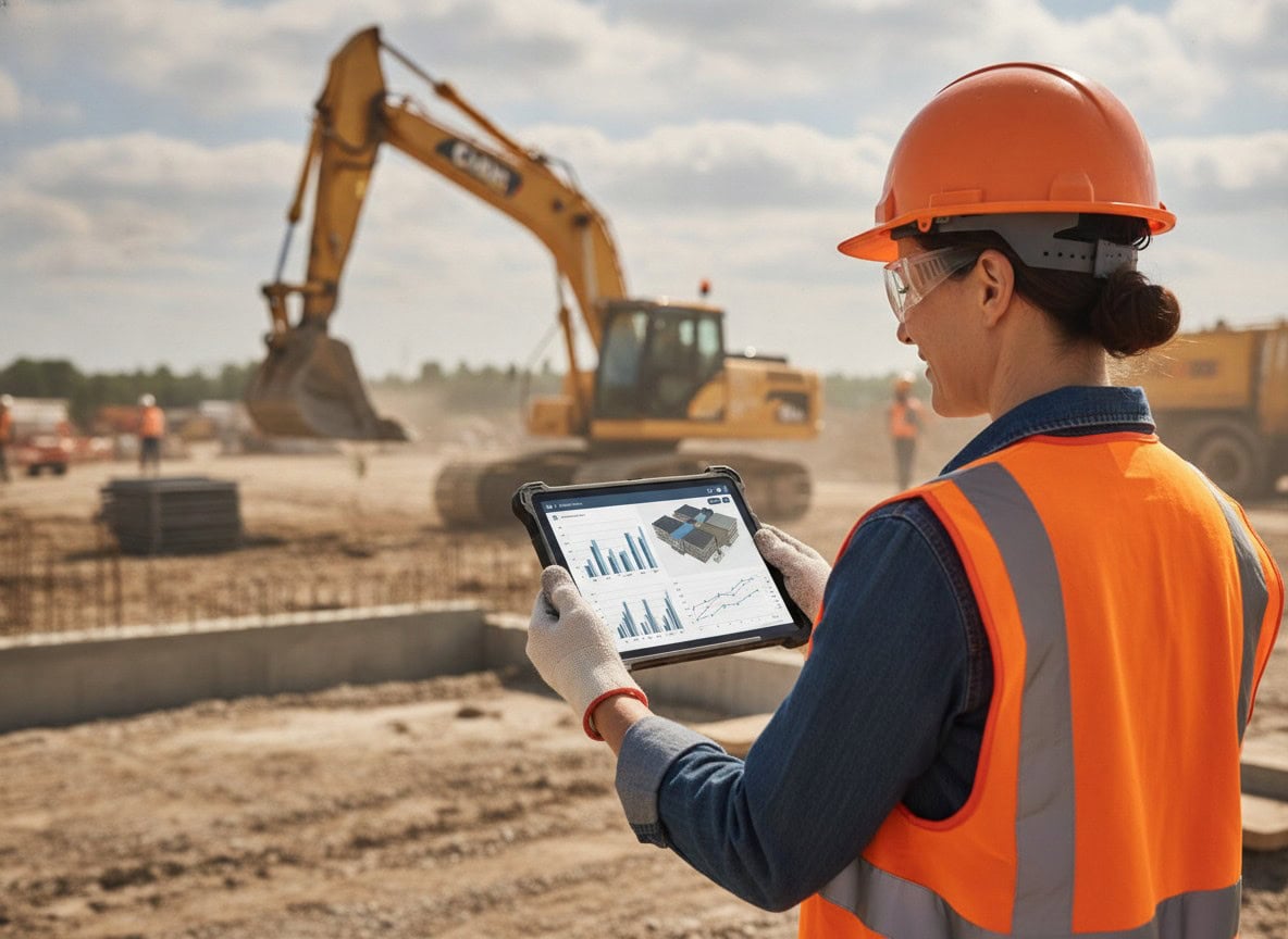 Project manager with construction dashboard tablet
