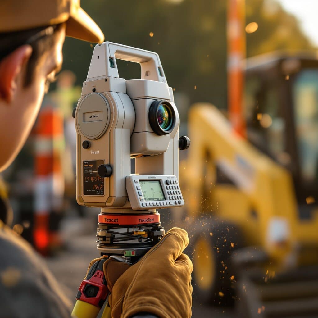 Gloved hands adjusting a surveying instrument on a tripod at an outdoor career day event