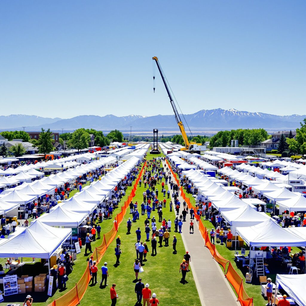Aerial view of an outdoor construction career expo with tents, students in hard hats, and heavy equipment