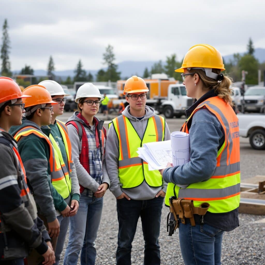 Six teenagers in hard hats and safety glasses stand in a semicircle facing a supervisor in a hi-vis vest with blueprints under her arm at an outdoor construction event, with trucks, trailers and distant mountains behind them.
