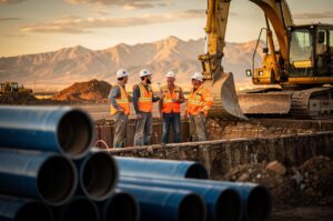 A construction crew in hard hats and safety vests talking beside a trench and excavator at sunset with mountains behind them